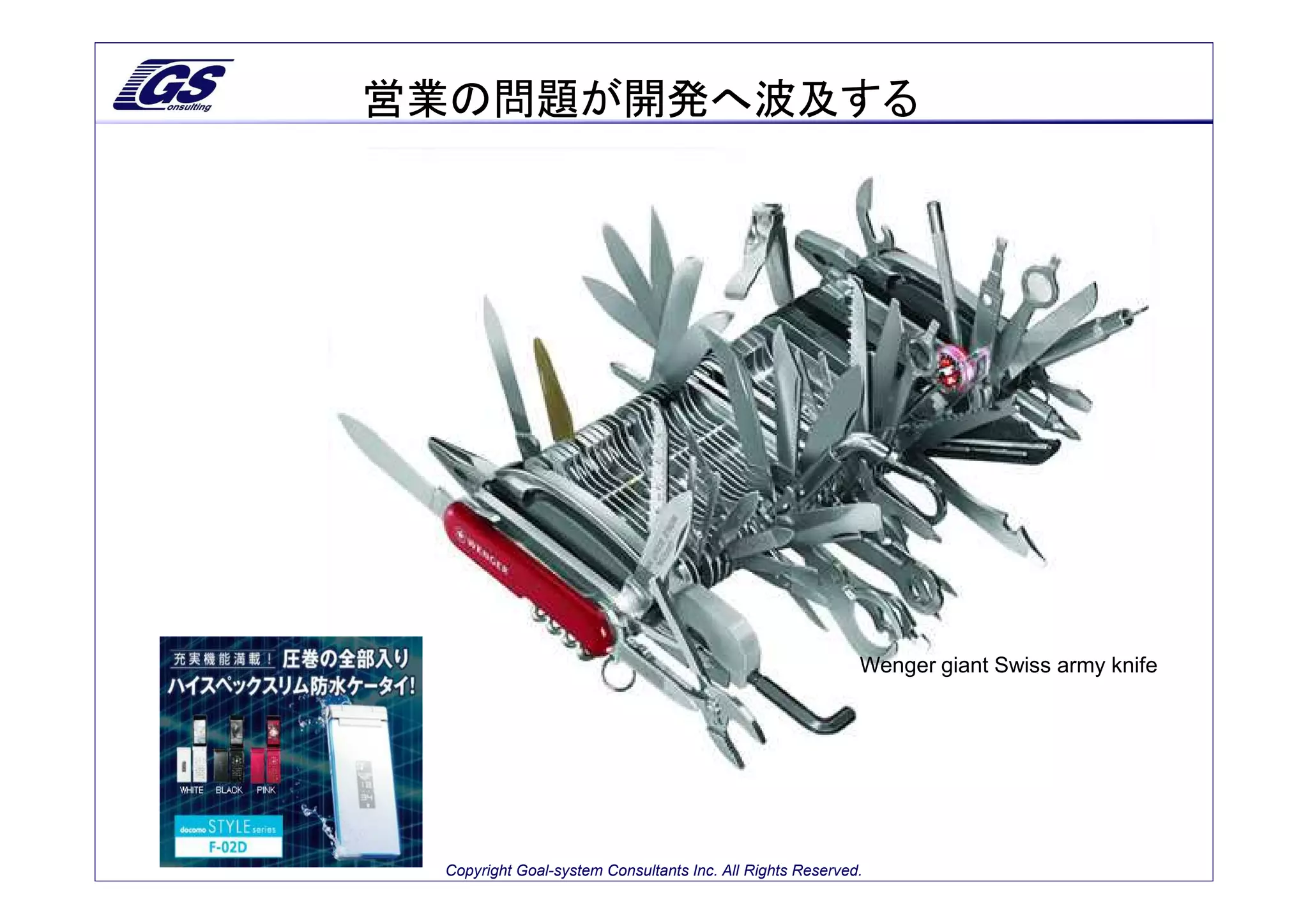 営業の問題が開発へ波及する




                                                           Wenger giant Swiss army knife




 Copyright Goal-system Consultants Inc. All Rights Reserved.
 