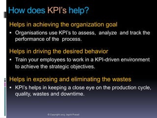 How does KPI’s help?
Helps in achieving the organization goal
 Organisations use KPI’s to assess, analyze and track the

performance of the process.

Helps in driving the desired behavior
 Train your employees to work in a KPI-driven environment

to achieve the strategic objectives.

Helps in exposing and eliminating the wastes
 KPI’s helps in keeping a close eye on the production cycle,

quality, wastes and downtime.

© Copyright 2013 Jagriti Prasad

 