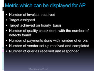 Metric which can be displayed for AP
 Number of invoices received
 Target assigned

 Target achieved on hourly basis
 Number of quality check done with the number of
defects found

 Number of payments done with number of errors
 Number of vendor set up received and completed
 Number of queries received and responded

© Copyright 2013 Jagriti Prasad

 