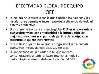 EFECTIVIDAD GLOBAL DE EQUIPO
OEE
• La mejora de la eficacia con la que trabajan los equipos y las
instalaciones permite el incremento de la eficiencia de todo el
sistema productivo.
• El valor numérico de la eficiencia global OEE es un porcentaje
que se determina con anterioridad a la introducción de
mejoras para conocer el punto de partida del equipo cuya
eficiencia se quiere incrementar.
• Este indicador permite valorar la progresión Lean a medida
que se van introduciendo sucesivas mejoras.
• La importancia del indicador es tal que muchas
consultoras/implantadoras Lean desarrollan toda su
metodología alrededor de la explotación del OEE
 