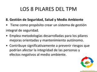 LOS 8 PILARES DEL TPM
8. Gestión de Seguridad, Salud y Medio Ambiente
• Tiene como propósito crear un sistema de gestión
integral de seguridad.
• Emplea metodologías desarrolladas para los pilares
mejoras orientadas y mantenimiento autónomo.
• Contribuye significativamente a prevenir riesgos que
podrían afectar la integridad de las personas y
efectos negativos al medio ambiente.
 