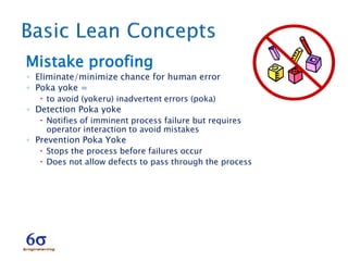 Mistake proofing
◦ Eliminate/minimize chance for human error
◦ Poka yoke =
 to avoid (yokeru) inadvertent errors (poka)
◦ Detection Poka yoke
 Notifies of imminent process failure but requires
operator interaction to avoid mistakes
◦ Prevention Poka Yoke
 Stops the process before failures occur
 Does not allow defects to pass through the process
 