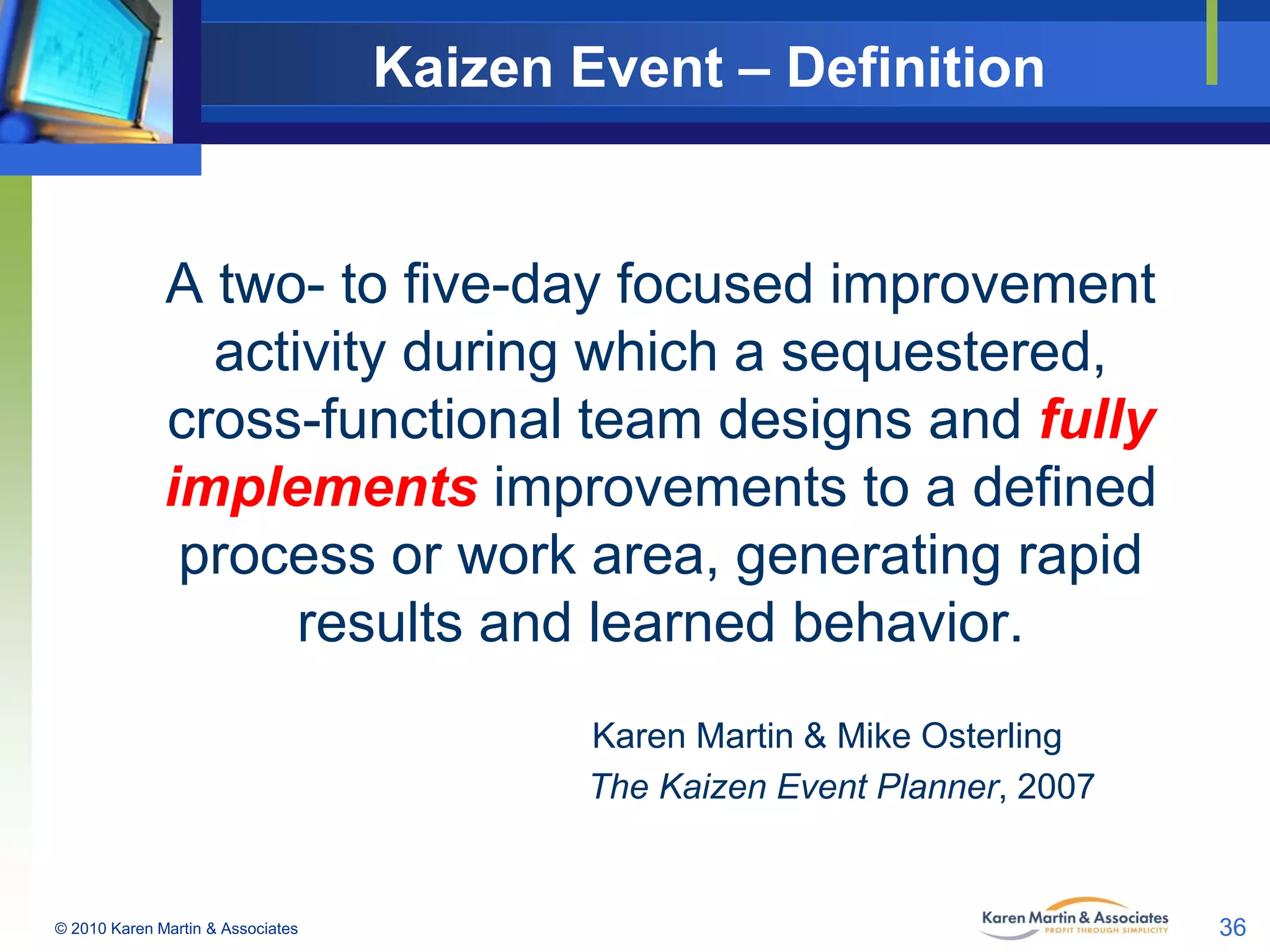 Kaizen Event – Definition

A two- to five-day focused improvement
activity during which a sequestered,
cross-functional team designs and fully
implements improvements to a defined
process or work area, generating rapid
results and learned behavior.
Karen Martin & Mike Osterling
The Kaizen Event Planner, 2007

© 2010 Karen Martin & Associates

36

 