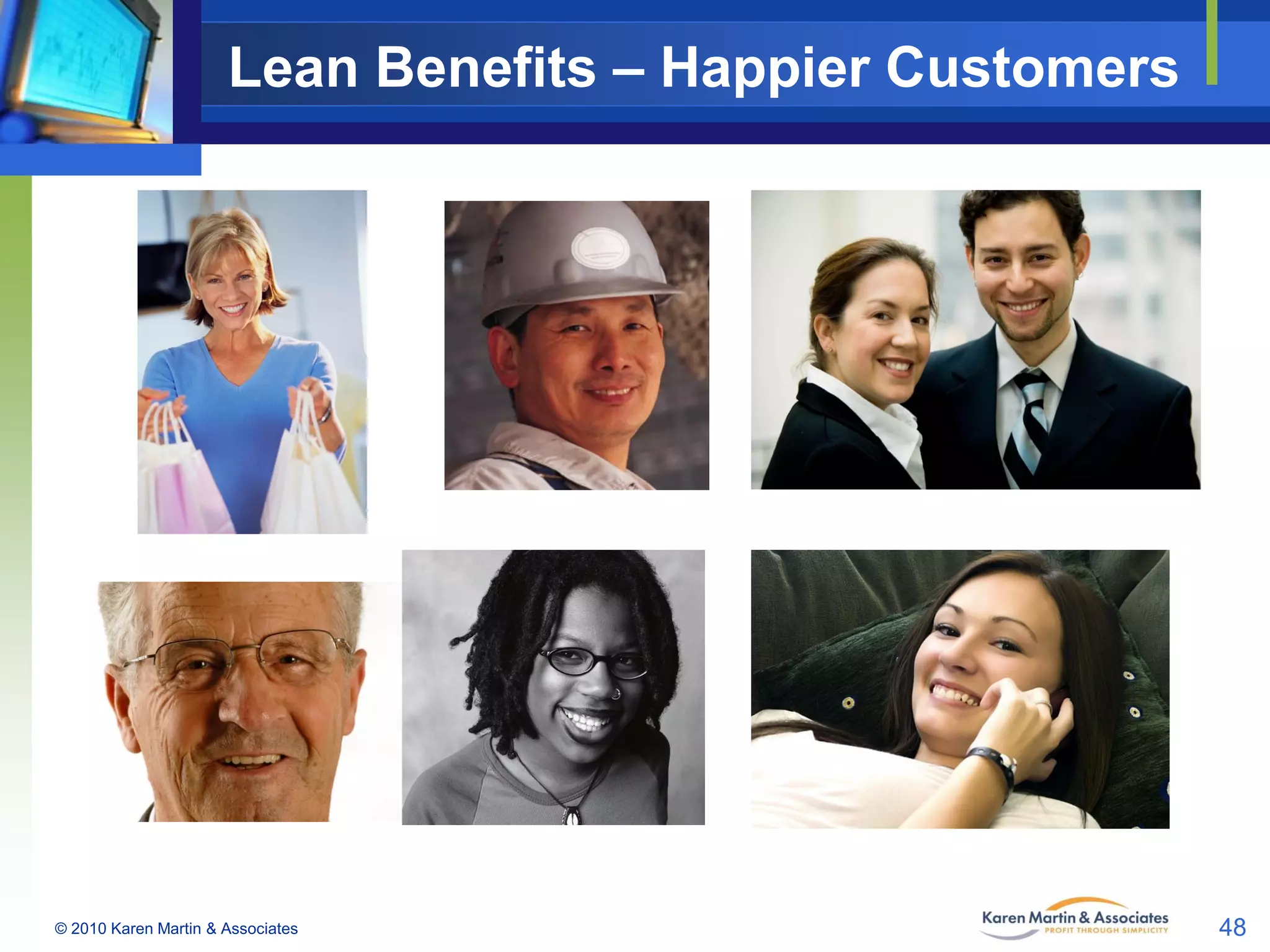 Lean Benefits – Happier Customers

© 2010 Karen Martin & Associates

48

 
