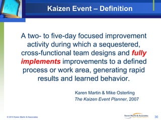 Kaizen Event – Definition

A two- to five-day focused improvement
activity during which a sequestered,
cross-functional te...