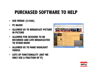 PURCHASED SOFTWARE TO HELP
•  USE MORAE ($1500)
•  PC BASED
•  ALLOWED US TO BROADCAST PICTURE
   IN PICTURE
•  ALLOWED FOR SESSIONS TO BE
   RECORDED AND LIVE BROADCASTED
   TO OTHER ROOM
•  ALLOWED US TO MAKE HIGHLIGHT
   VIDEOS
•  LOTS OF FUNCTIONALITY (BUT WE
   ONLY USE A FRACTION OF IT)
 