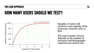 THE LEAN APPROACH
HOW MANY USERS SHOULD WE TEST?
16
Image: Jakob Nielsen Group
Roughly, 5-6 users will
uncover a vast majority of the
issues per scenario, task, or
flow.
The exact number of tests
depends on the number of
scenarios and demographic
segments you need to test.
 