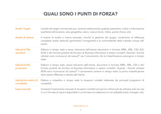 Analisi Target L’analisi dei target commerciali puo’ avvenire selezionando qualsiasi parametro, indice o informazione
qualitativa (dimensione, area geografica, ateco, Leanus Score, indice, parola chiave, etc).
Analisi di settore Il motore di analisi e ricerca avanzata, nonchè la gestione dei gruppi, consentono di effettuare
complesse analisi settoriali garantendo l’omogeneità e la confrontabilità delle imprese incluse nell’
analisi.
Upload di file
standard
Elabora in tempo reale e senza intervento dell’utente documenti in formato XBRL, XML, CSV, XLS,
XLSX e altri formati prodotti da fornitori di Business Information e sistemi contabili. Quando i formati
utilizzati sono riconosciuti da Leanus®
, sia il caricamento che la riclassificazione avvengono in tempo
reale.
Upload di file
proprietari
Elabora in tempo reale, senza intervento dell’utente, documenti in formato XBRL, XML, CSV e altri
formati prodotti da fornitori di Business Information e sistemi contabili. Quando i formati utilizzati
NON sono riconosciuti da Leanus®
il caricamento avviene in tempo reale; la prima riclassificazione
deve essere effettuata e salvata dall’utente.
Upload da sistemi di
contabilità
Elabora e riclassifica in tempo reale le situazioni contabili elaborate dai principali programmi di
contabilità.
Input manuali Consente l’inserimento manuale di situazioni contabili annuali e/o infrannuali da utilizzare solo nei casi
in cui il formato di input è disponibile in un formato non elettronico e non editabile (carta, immagini, etc).
QUALI SONO I PUNTI DI FORZA?
8
 