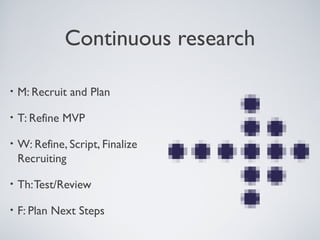CONTINUOUS RESEARCH

    • M: Recruit          and Plan

    • T: Reﬁne           MVP

    • W: Reﬁne, Script, Finalize
         Recruiting

    • Th: Test/Review

    • F: Plan          Next Steps

Tuesday, April 9, 13                   38
 