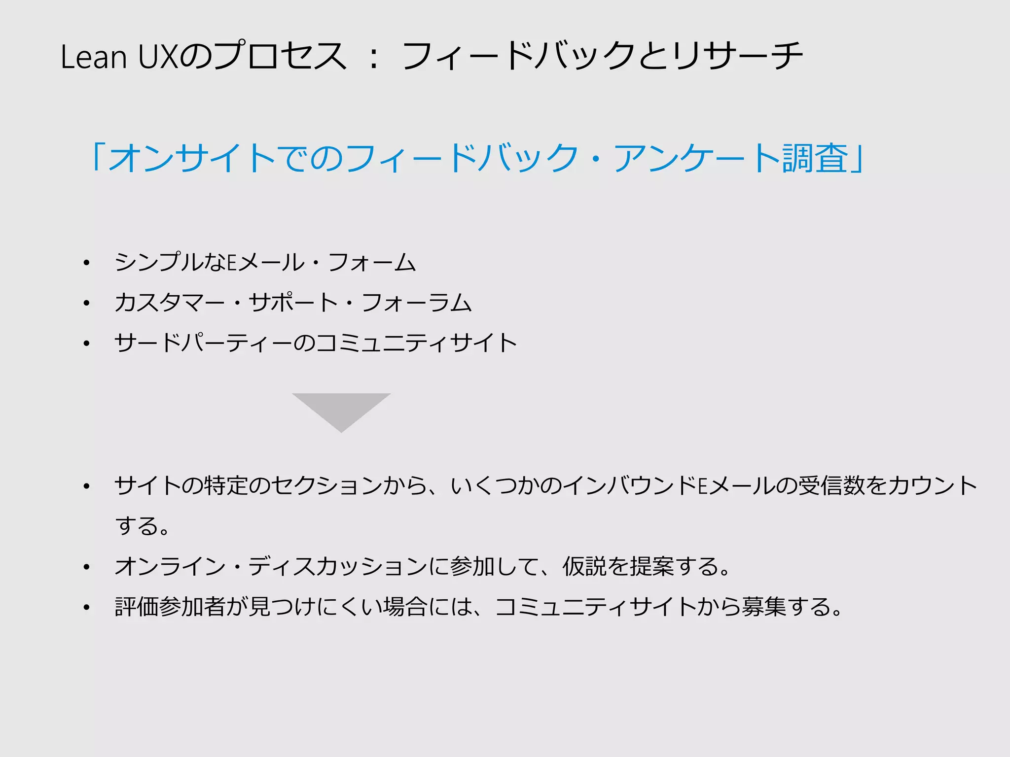 Lean UXのプロセス：フィードバックとリサーチ 
•シンプルなEメール・フォーム 
•カスタマー・サポート・フォーラム 
•サードパーティーのコミュニティサイト 
•サイトの特定のセクションから、いくつかのインバウンドEメールの受信数をカウント する。 
•オンライン・ディスカッションに参加して、仮説を提案する。 
•評価参加者が見つけにくい場合には、コミュニティサイトから募集する。 
「オンサイトでのフィードバック・アンケート調査」  