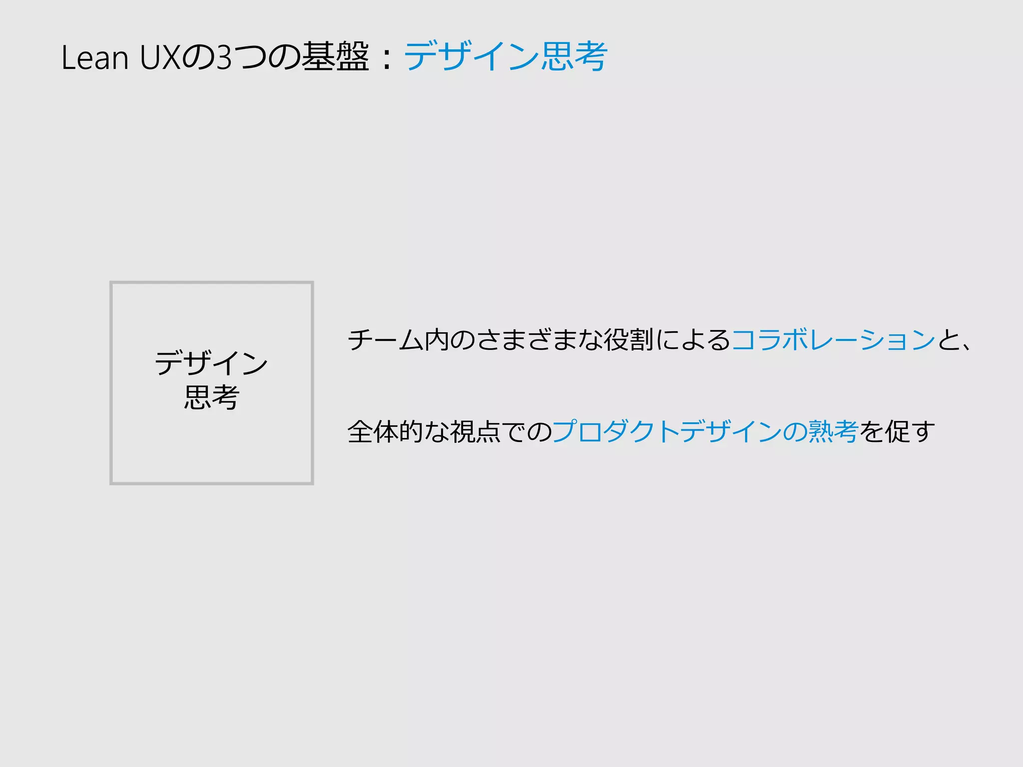 Lean UXの3つの基盤：デザイン思考 
デザイン 
思考 
チーム内のさまざまな役割によるコラボレーションと、 
全体的な視点でのプロダクトデザインの熟考を促す  