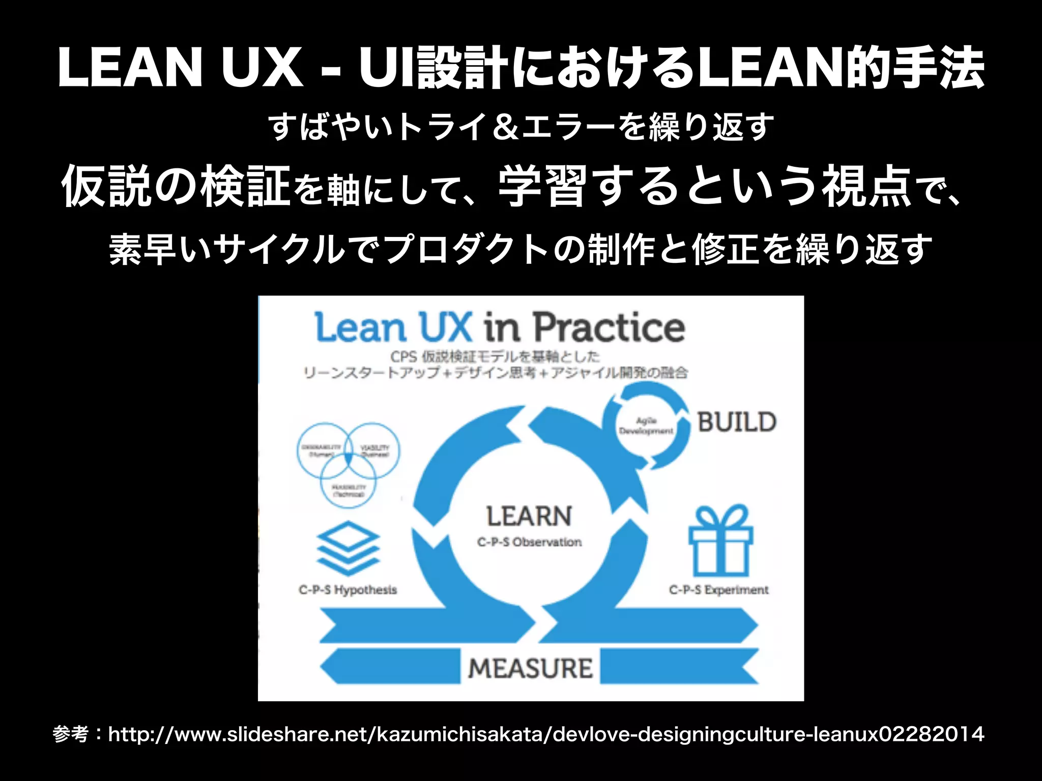 LEAN UX - UI設計におけるLEAN的手法
すばやいトライ＆エラーを繰り返す
仮説の検証を軸にして、学習するという視点で、 
素早いサイクルでプロダクトの制作と修正を繰り返す
参考：http://www.slideshare.net/kazumichisakata/devlove-designingculture-leanux02282014
 