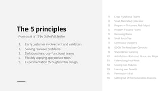 The 5 principles
1. Early customer involvement and validation
2. Solving real user problems
3. Collaborative cross-functional teams
4. Flexibly applying appropriate tools
5. Experimentation through nimble design.
From a set of 15 by Gothelf & Seiden
1. Cross-Functional Teams
2. Small, Dedicated, Colocated
3. Progress = Outcomes, Not Output
4. Problem-Focused Teams
5. Removing Waste
6. Small Batch Size
7. Continuous Discovery
8. GOOB: The New User-Centricity
9. Shared Understanding
10. Anti-Pattern: Rockstars, Gurus, and Ninjas
11. Externalizing Your Work
12. Making over Analysis
13. Learning over Growth
14. Permission to Fail
15. Getting Out of the Deliverables Business
 