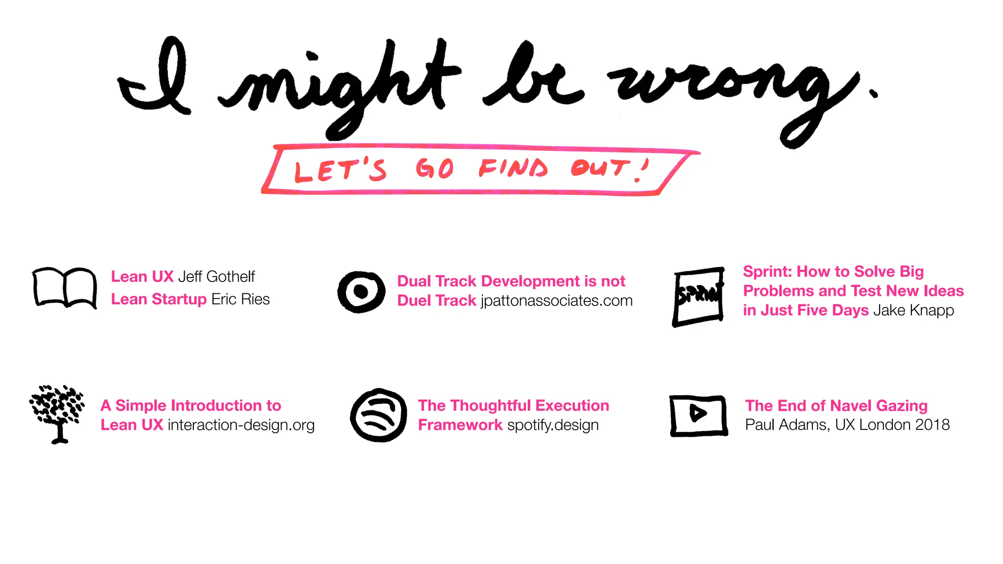 Lean UX Jeff Gothelf
Lean Startup Eric Ries
A Simple Introduction to
Lean UX interaction-design.org
Dual Track Development is not
Duel Track jpattonassociates.com
The Thoughtful Execution
Framework spotify.design
Sprint: How to Solve Big
Problems and Test New Ideas
in Just Five Days Jake Knapp
The End of Navel Gazing
Paul Adams, UX London 2018
Presented by: Brian Monzingo