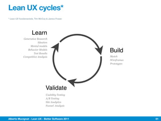Lean UX cycles*
* Lean UX fundamentals, Tim McCoy & Janice Fraser




                     Learn
             Generative Research
                         Ideation
                  Mental models
                Behavior Models
                     Test Results
                                                      Build
             Competitive Analysis                     Sketch
                                                      Wireframes
                                                      Prototypes




                                  Validate
                                  Usability Testing
                                  A/B Testing
                                  Site Analytics
                                  Funnel Analysis




Alberto Mucignat - Lean UX - Better Software 2011                  01
 