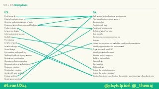 UX + BA Disciplines
UX:
Field research
Face to face interviewing
Creation and administering of tests
Documentation of personas and findings
Product design
Interaction design
Information Architecture
Usability
Prototyping
Interface layout
Interface design
Visual design
Presentation and speaking
Working tightly with programmers
Brainstorm coordination
Company culture evangelism
Communication to stakeholders
Taxonomy creation
Terminology creation
Assist with copy writing
Feature writing
Requirement writing
BA:
Gathers and writes business requirements
Prioritizes business requirements
Business plan
Product road-map
Functional requirements
Technical specifications
Data models
Business cases, use case scenarios
Reports
Liaison between users, stakeholders and development team
Identify opportunities for improvement
Organizes and holds UAT
Identify project milestones
Monitor project progress
Build vs. buy analysis
Gap analysis
Cost analysis
Skills analysis
Acts as the product manager
Acts as the project manager
Creates functional specification documents: screen mockups, flowcharts, etc.
#LeanUX14 @playfulpixel @_themaj
 