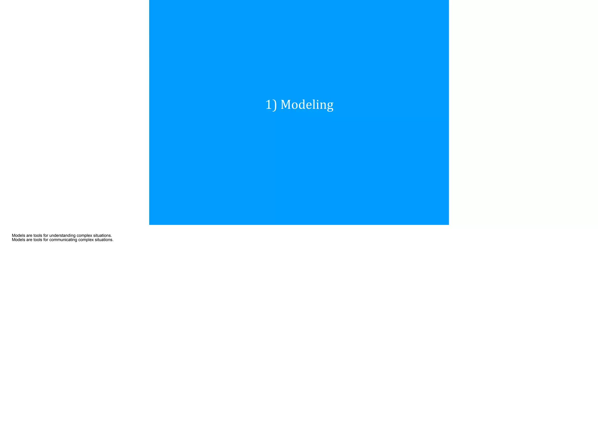 1)	
  Modeling
Models are tools for understanding complex situations.
Models are tools for communicating complex situations.
 