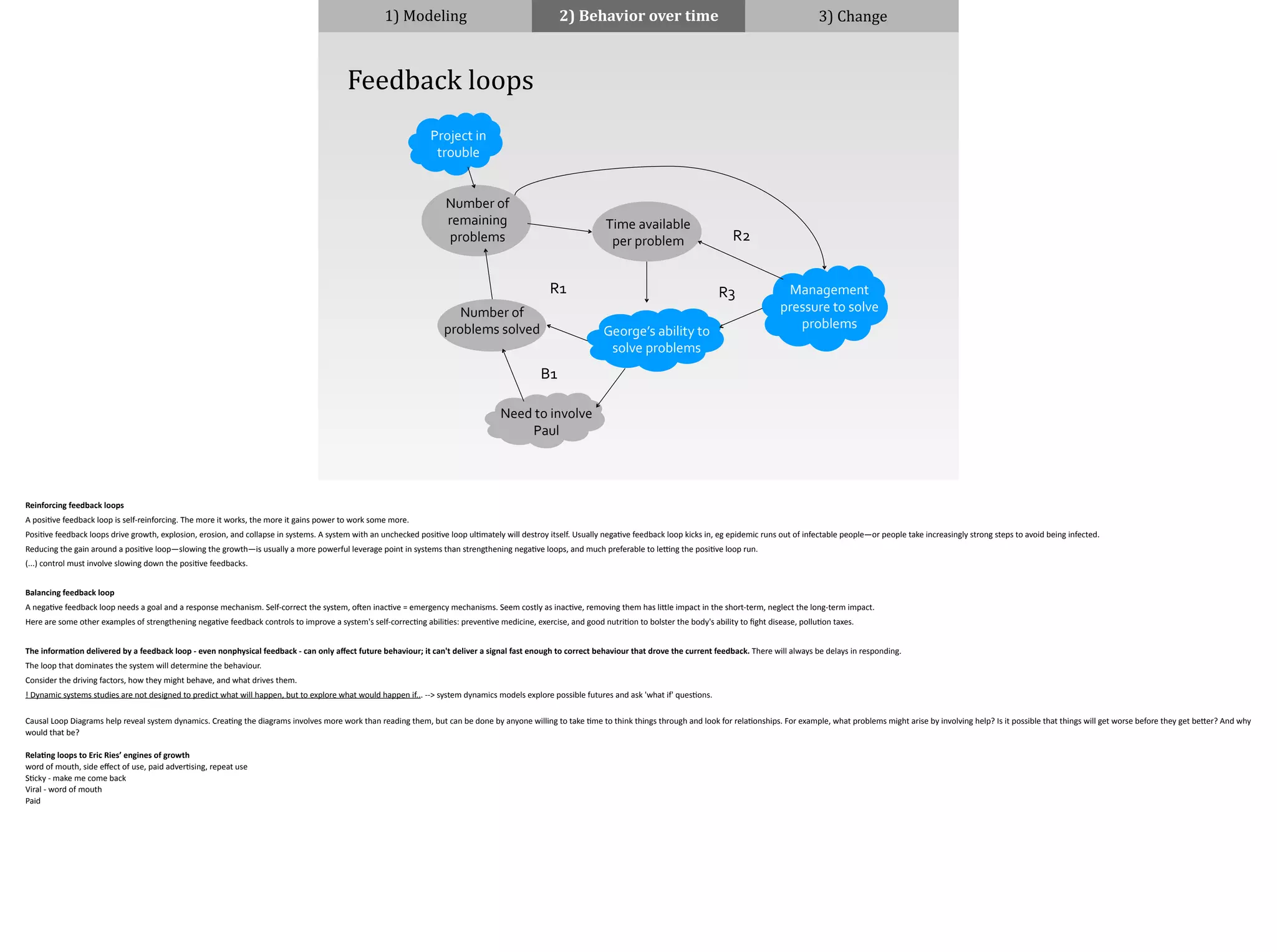 1)	
  Modeling 2)	
  Behavior	
  over	
  time 3)	
  Change
	
  	
  	
  	
  Feedback	
  loops
George’s	
  ability	
  to	
  
solve	
  problems
Number	
  of	
  
problems	
  solved
Number	
  of	
  
remaining	
  
problems
Time	
  available	
  
per	
  problem
Project	
  in	
  
trouble
Management	
  
pressure	
  to	
  solve	
  
problems
R1 R3
R2
Need	
  to	
  involve	
  
Paul
B1
Reinforcing	
  feedback	
  loops	
  
A	
  posi;ve	
  feedback	
  loop	
  is	
  self-­‐reinforcing.	
  The	
  more	
  it	
  works,	
  the	
  more	
  it	
  gains	
  power	
  to	
  work	
  some	
  more.	
  
Posi;ve	
  feedback	
  loops	
  drive	
  growth,	
  explosion,	
  erosion,	
  and	
  collapse	
  in	
  systems.	
  A	
  system	
  with	
  an	
  unchecked	
  posi;ve	
  loop	
  ul;mately	
  will	
  destroy	
  itself.	
  Usually	
  nega;ve	
  feedback	
  loop	
  kicks	
  in,	
  eg	
  epidemic	
  runs	
  out	
  of	
  infectable	
  people—or	
  people	
  take	
  increasingly	
  strong	
  steps	
  to	
  avoid	
  being	
  infected.	
  
Reducing	
  the	
  gain	
  around	
  a	
  posi;ve	
  loop—slowing	
  the	
  growth—is	
  usually	
  a	
  more	
  powerful	
  leverage	
  point	
  in	
  systems	
  than	
  strengthening	
  nega;ve	
  loops,	
  and	
  much	
  preferable	
  to	
  leFng	
  the	
  posi;ve	
  loop	
  run.	
  
(...)	
  control	
  must	
  involve	
  slowing	
  down	
  the	
  posi;ve	
  feedbacks.	
  
!Balancing	
  feedback	
  loop	
  	
  
A	
  nega;ve	
  feedback	
  loop	
  needs	
  a	
  goal	
  and	
  a	
  response	
  mechanism.	
  Self-­‐correct	
  the	
  system,	
  o[en	
  inac;ve	
  =	
  emergency	
  mechanisms.	
  Seem	
  costly	
  as	
  inac;ve,	
  removing	
  them	
  has	
  li]le	
  impact	
  in	
  the	
  short-­‐term,	
  neglect	
  the	
  long-­‐term	
  impact.	
  
Here	
  are	
  some	
  other	
  examples	
  of	
  strengthening	
  nega;ve	
  feedback	
  controls	
  to	
  improve	
  a	
  system's	
  self-­‐correc;ng	
  abili;es:	
  preven;ve	
  medicine,	
  exercise,	
  and	
  good	
  nutri;on	
  to	
  bolster	
  the	
  body's	
  ability	
  to	
  ﬁght	
  disease,	
  pollu;on	
  taxes.	
  
!The	
  informa)on	
  delivered	
  by	
  a	
  feedback	
  loop	
  -­‐	
  even	
  nonphysical	
  feedback	
  -­‐	
  can	
  only	
  aﬀect	
  future	
  behaviour;	
  it	
  can't	
  deliver	
  a	
  signal	
  fast	
  enough	
  to	
  correct	
  behaviour	
  that	
  drove	
  the	
  current	
  feedback.	
  There	
  will	
  always	
  be	
  delays	
  in	
  responding.	
  
The	
  loop	
  that	
  dominates	
  the	
  system	
  will	
  determine	
  the	
  behaviour.	
  
Consider	
  the	
  driving	
  factors,	
  how	
  they	
  might	
  behave,	
  and	
  what	
  drives	
  them.	
  
!	
  Dynamic	
  systems	
  studies	
  are	
  not	
  designed	
  to	
  predict	
  what	
  will	
  happen,	
  but	
  to	
  explore	
  what	
  would	
  happen	
  if...	
  -­‐-­‐>	
  system	
  dynamics	
  models	
  explore	
  possible	
  futures	
  and	
  ask	
  'what	
  if'	
  ques;ons.	
  
!Causal	
  Loop	
  Diagrams	
  help	
  reveal	
  system	
  dynamics.	
  Crea;ng	
  the	
  diagrams	
  involves	
  more	
  work	
  than	
  reading	
  them,	
  but	
  can	
  be	
  done	
  by	
  anyone	
  willing	
  to	
  take	
  ;me	
  to	
  think	
  things	
  through	
  and	
  look	
  for	
  rela;onships.	
  For	
  example,	
  what	
  problems	
  might	
  arise	
  by	
  involving	
  help?	
  Is	
  it	
  possible	
  that	
  things	
  will	
  get	
  worse	
  before	
  they	
  get	
  be]er?	
  And	
  why	
  
would	
  that	
  be?	
  
!Rela)ng	
  loops	
  to	
  Eric	
  Ries’	
  engines	
  of	
  growth	
  
word	
  of	
  mouth,	
  side	
  eﬀect	
  of	
  use,	
  paid	
  adver;sing,	
  repeat	
  use	
  
S;cky	
  -­‐	
  make	
  me	
  come	
  back	
  
Viral	
  -­‐	
  word	
  of	
  mouth	
  
Paid
 