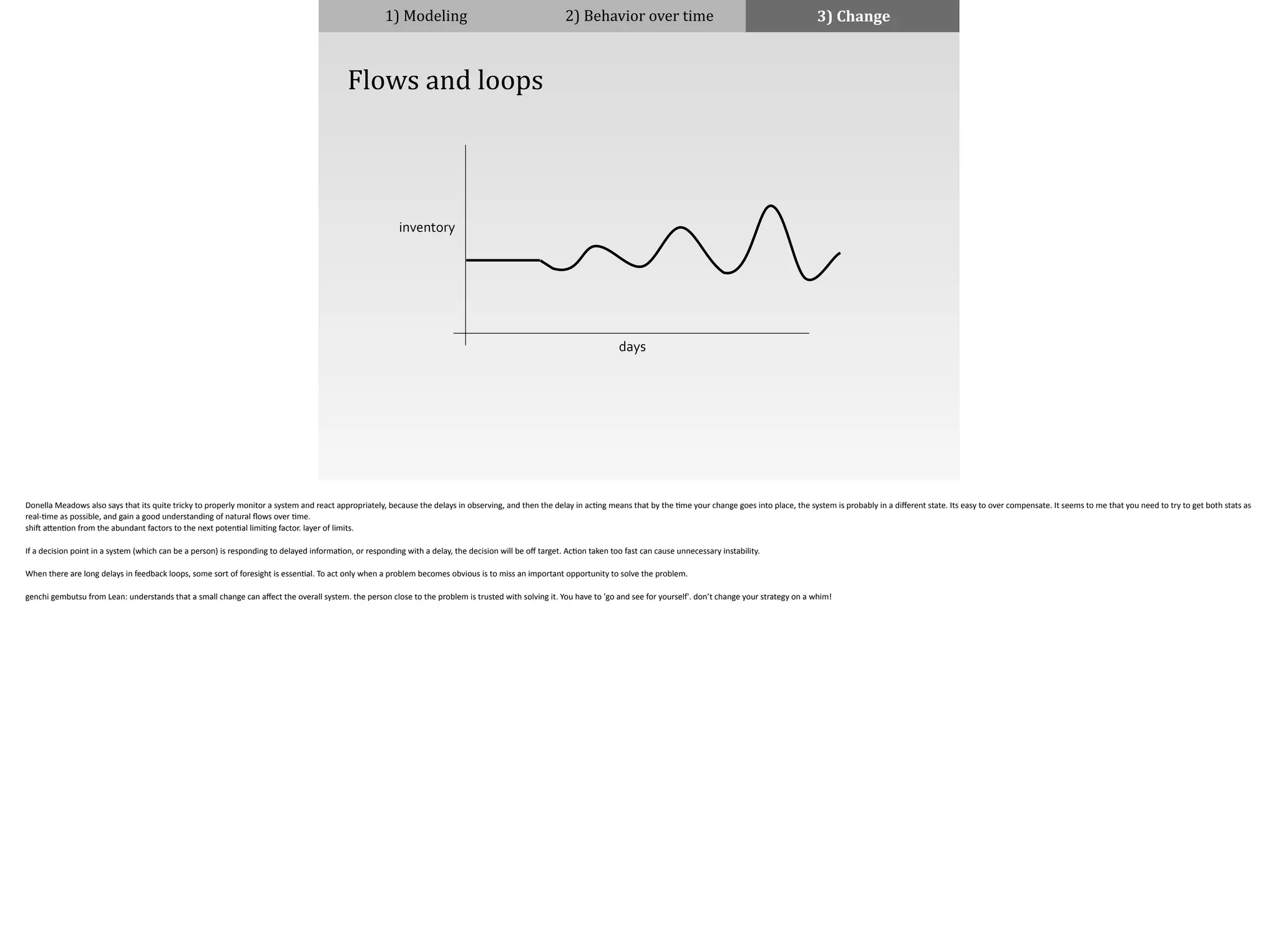 1)	
  Modeling 2)	
  Behavior	
  over	
  time 3)	
  Change
inventory
days
	
  	
  	
  	
  Flows	
  and	
  loops
Donella	
  Meadows	
  also	
  says	
  that	
  its	
  quite	
  tricky	
  to	
  properly	
  monitor	
  a	
  system	
  and	
  react	
  appropriately,	
  because	
  the	
  delays	
  in	
  observing,	
  and	
  then	
  the	
  delay	
  in	
  ac;ng	
  means	
  that	
  by	
  the	
  ;me	
  your	
  change	
  goes	
  into	
  place,	
  the	
  system	
  is	
  probably	
  in	
  a	
  diﬀerent	
  state.	
  Its	
  easy	
  to	
  over	
  compensate.	
  It	
  seems	
  to	
  me	
  that	
  you	
  need	
  to	
  try	
  to	
  get	
  both	
  stats	
  as	
  
real-­‐;me	
  as	
  possible,	
  and	
  gain	
  a	
  good	
  understanding	
  of	
  natural	
  ﬂows	
  over	
  ;me.	
  	
  
shi[	
  a]en;on	
  from	
  the	
  abundant	
  factors	
  to	
  the	
  next	
  poten;al	
  limi;ng	
  factor.	
  layer	
  of	
  limits.	
  
!If	
  a	
  decision	
  point	
  in	
  a	
  system	
  (which	
  can	
  be	
  a	
  person)	
  is	
  responding	
  to	
  delayed	
  informa;on,	
  or	
  responding	
  with	
  a	
  delay,	
  the	
  decision	
  will	
  be	
  oﬀ	
  target.	
  Ac;on	
  taken	
  too	
  fast	
  can	
  cause	
  unnecessary	
  instability.	
  
!When	
  there	
  are	
  long	
  delays	
  in	
  feedback	
  loops,	
  some	
  sort	
  of	
  foresight	
  is	
  essen;al.	
  To	
  act	
  only	
  when	
  a	
  problem	
  becomes	
  obvious	
  is	
  to	
  miss	
  an	
  important	
  opportunity	
  to	
  solve	
  the	
  problem.	
  	
  
!genchi	
  gembutsu	
  from	
  Lean:	
  understands	
  that	
  a	
  small	
  change	
  can	
  aﬀect	
  the	
  overall	
  system.	
  the	
  person	
  close	
  to	
  the	
  problem	
  is	
  trusted	
  with	
  solving	
  it.	
  You	
  have	
  to	
  'go	
  and	
  see	
  for	
  yourself'.	
  don’t	
  change	
  your	
  strategy	
  on	
  a	
  whim!	
  
 