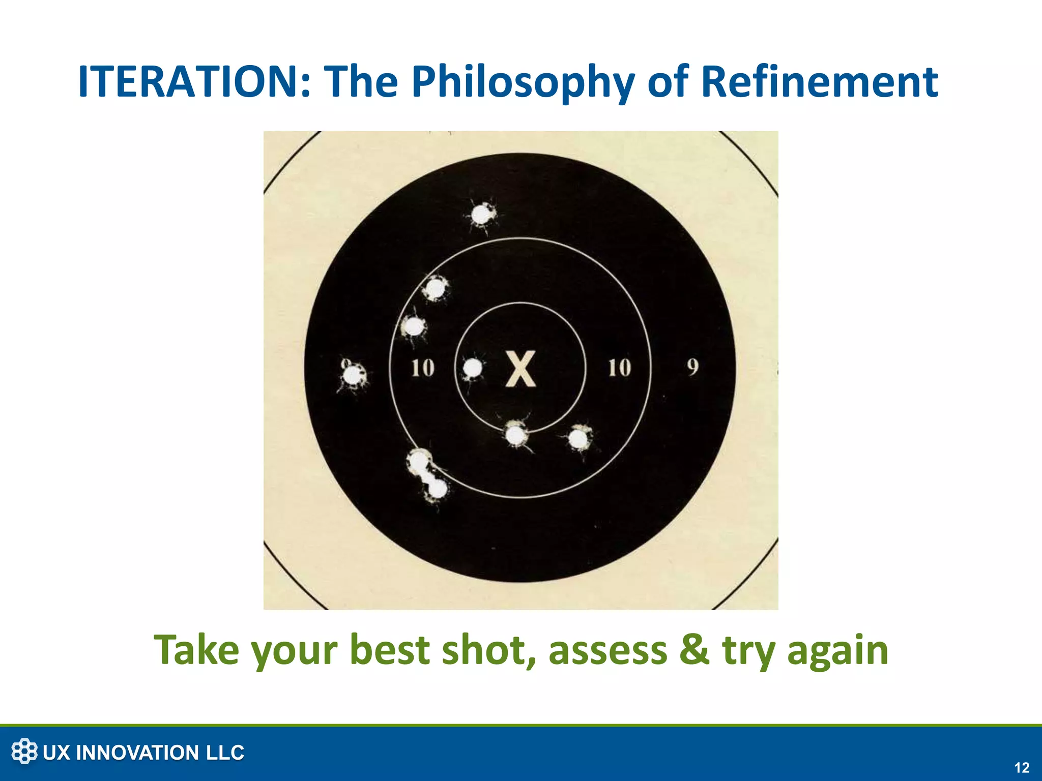 ITERATION: The Philosophy of Refinement




         Take your best shot, assess & try again

UX INNOVATION LLC
                                                   12
 