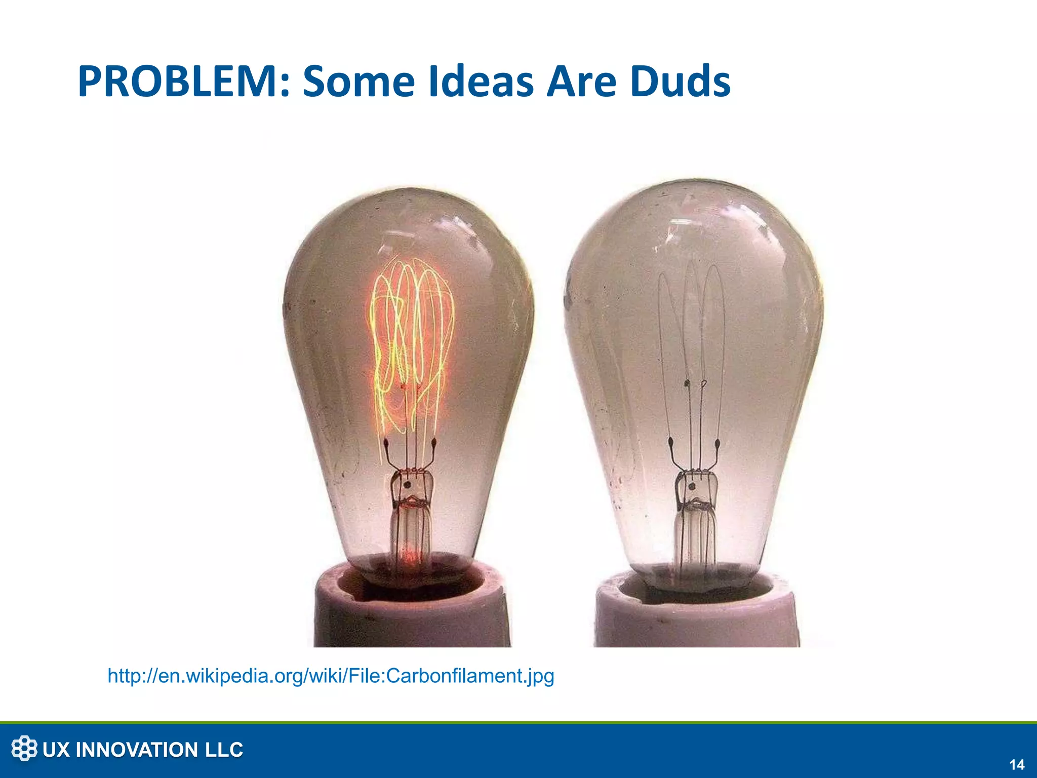 PROBLEM: Some Ideas Are Duds




     http://en.wikipedia.org/wiki/File:Carbonfilament.jpg


UX INNOVATION LLC
                                                            14
 