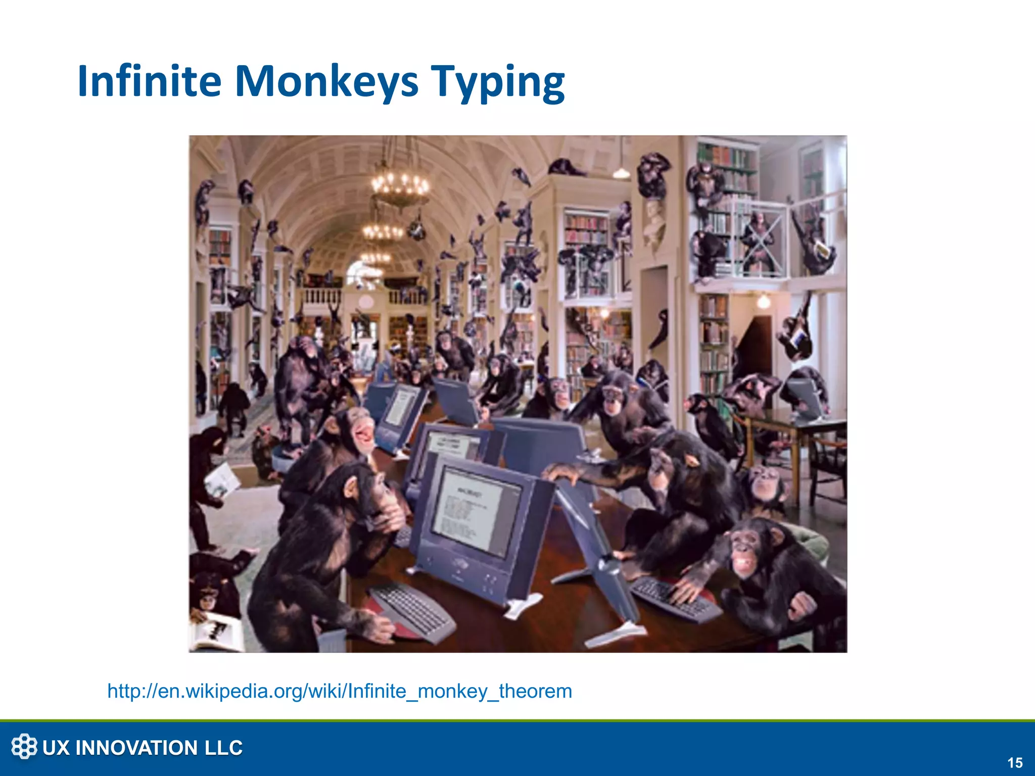 Infinite Monkeys Typing




     http://en.wikipedia.org/wiki/Infinite_monkey_theorem

UX INNOVATION LLC
                                                            15
 