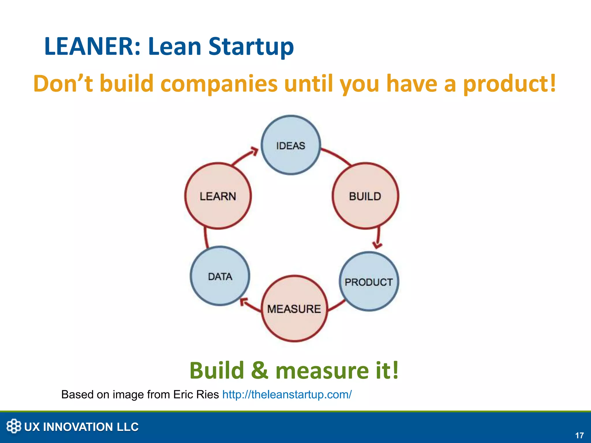 LEANER: Lean Startup
 Don’t build companies until you have a product!




                             Build & measure it!
     Based on image from Eric Ries http://theleanstartup.com/

UX INNOVATION LLC
                                                                17
 