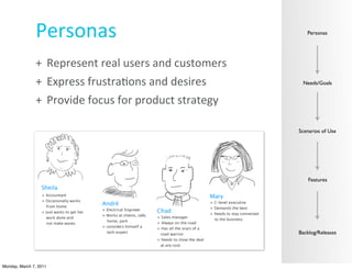 Personas                                              Personas




               + Represent	
  real	
  users	
  and	
  customers
               + Express	
  frustra?ons	
  and	
  desires          Needs/Goals


               + Provide	
  focus	
  for	
  product	
  strategy

                                                                  Scenarios of Use




                                                                      Features




                                                                  Backlog/Releases




Monday, March 7, 2011
 