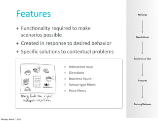 Features                                                      Personas




               + Func?onality	
  required	
  to	
  make	
  
                 scenarios	
  possible                                     Needs/Goals

               + Created	
  in	
  response	
  to	
  desired	
  behavior
               + Speciﬁc	
  solu?ons	
  to	
  contextual	
  problems
                                                                          Scenarios of Use


                                          + Interac@ve	
  map
                                          + Direc@ons
                                          + Business	
  hours                 Features
                                          + Venue	
  type	
  ﬁlters
                                          + Price	
  ﬁlters


                                                                          Backlog/Releases




Monday, March 7, 2011
 