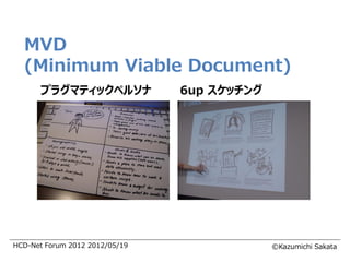 MVD
  (Minimum Viable Document)
      プラグマティックペルソナ              6up スケッチング




HCD-Net Forum 2012 2012/05/19                ©Kazumichi Sakata
 