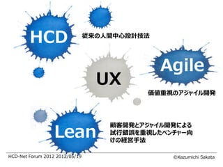 HCD                     従来の人間中心設計技法




                                              Agile
                                  UX
                                          価値重視のアジャイル開発




                  Lean
                                    顧客開発とアジャイル開発による

                  Lean              試行錯誤を重視したベンチャー向
                                    けの経営手法

HCD-Net Forum 2012 2012/05/19                  ©Kazumichi Sakata
 