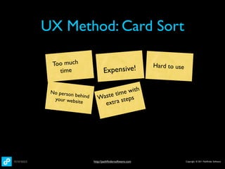 UX Method: Card Sort

 Too much                                          Hard to use
   time                    Expensive!

 No person                       e with
           behind
                       Was te tim s
  your websit
              e          ext ra step




                    http://pathﬁndersoftware.com                 Copyright © 2011 Pathﬁnder Software
 