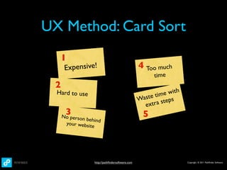 UX Method: Card Sort
     1
     Expensive!                                     4 Too much
                                                          time
 2
  Hard to use                                                 e with
                                                    Was te tim s
                                                      ext ra step
      3p
     No                                               5
           erson behin
                       d
         your websit
                     e




                     http://pathﬁndersoftware.com                      Copyright © 2011 Pathﬁnder Software
 