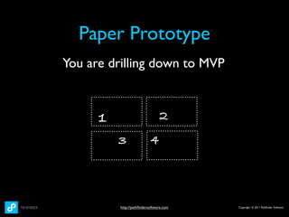 Paper Prototype
You are drilling down to MVP



      1                         2
          3                4



          http://pathﬁndersoftware.com   Copyright © 2011 Pathﬁnder Software
 