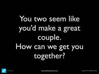 You two seem like
 you’d make a great
       couple.
How can we get you
     together?
       http://pathﬁndersoftware.com   Copyright © 2011 Pathﬁnder Software
 