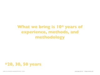 What we bring is 10* years of
                            experience, methods, and
                                  methodology




   *20, 30, 50 years
LEAN UX INTENSIVE, DESIGNER EDITION 01/2011         JANICE@LUXR.CO   TIM@COOPER.COM
 