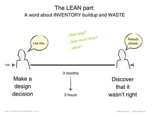 The LEAN part:
                        A word about INVENTORY buildup and WASTE



                                                      ...ho  w long?
                                                                   uch time?                  Nobody
                                   Like this...        ...how m                               clicked.
                                                        . ..effort?



TIME


                                                    3 months
         Make a                                                                 Discover
          design                                                                 that it
         decision                                    3 hours                   wasn’t right

LEAN UX INTENSIVE, DESIGNER EDITION 01/2011                                       JANICE@LUXR.CO   TIM@COOPER.COM
 