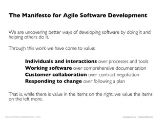 The Manifesto for Agile Software Development

    We are uncovering better ways of developing software by doing it and
    helping others do it.

    Through this work we have come to value:

    
         
        Individuals and interactions over processes and tools
    
         
        Working software over comprehensive documentation
    
         
        Customer collaboration over contract negotiation
    
         
        Responding to change over following a plan

    That is, while there is value in the items on the right, we value the items
    on the left more.


LEAN UX INTENSIVE, DESIGNER EDITION 01/2011                      JANICE@LUXR.CO   TIM@COOPER.COM
 