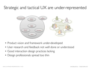 Strategic and tactical UX are under-represented




    •    Product vision and framework under-developed
    •    User research and feedback not well done or understood
    •    Good interaction design practices lacking
    •    Design professionals spread too thin


LEAN UX INTENSIVE, DESIGNER EDITION 01/2011                 JANICE@LUXR.CO   TIM@COOPER.COM
 