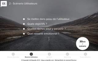 2 - Scénario Utilisateurs
30min
/
scénario
Besoins Business Besoins Utilisateur Idéation Sketching Tests utilisateur
21 3 4 5
● Se mettre dans peau de l’utilisateur.
● Quels objectifs ?
● Quelles tâches pour y parvenir ?
● Quel ressenti émotionnel ?
© Copyright UX-Republic 2015 - blog.ux-republic.com - Michael Boitin et Jocerand Ducroux
 
