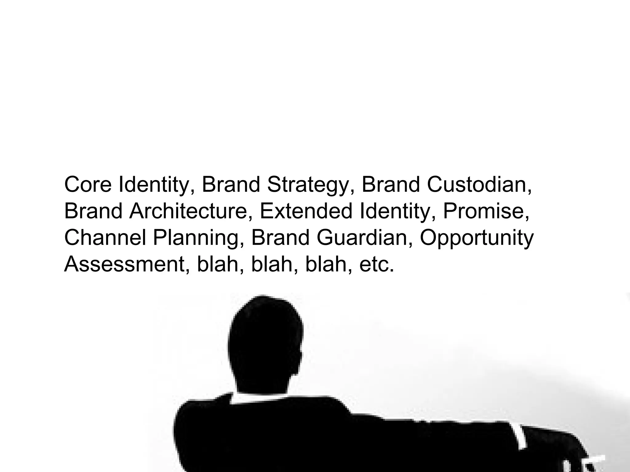 Core Identity, Brand Strategy, Brand
Custodian, Brand Architecture, Extended
Identity, Promise, Channel Planning, Brand
Guardian, Opportunity Assessment, blah,
blah, blah, etc.
 
