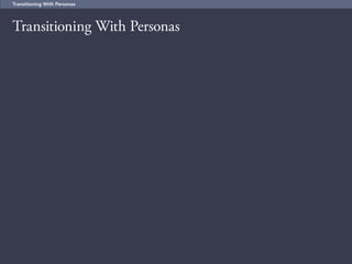 42
Remember
Brainstorming
•	 The variables you choose are
assumptions, too
•	 All choices should support one or both
of the purposes
•	 The choices you make can help inform
assumptions about pain points and
solutions
•	 Every project is / can be different
Communicate a
user type
Help relate to
the user
Name
Gender
Age
[Image]
Pain points
Needs
Goals
Attitudes
Behaviors
Depends on the project
 