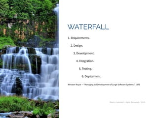 Marco Calzolari / Agile Reloaded / 2015
WATERFALL
1. Requirements.  
2. Design.  
3. Development. 
4. Integration.  
5. Testing. 
6. Deployment.
Winston Royce — “Managing the Development of Large Software Systems ”, 1970
AGILE
 