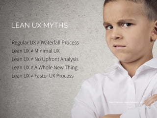 Marco Calzolari / Agile Reloaded / 2015Marco Calzolari / Agile Reloaded / 2015
Regular UX ≠ Waterfall Process
Lean UX ≠ Minimal UX
Lean UX ≠ No Upfront Analysis
Lean UX ≠ A Whole New Thing
Lean UX ≠ Faster UX Process
LEAN UX MYTHS
 