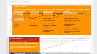 [wnc][wnc]
Lösungs-Hypothesen
Die Zusammenfassung der Annahmen aus 2, 3, 4, und 5 in
ein Hypothesen-Statement Template.
Beispiel-Hypothesen (Grundlagen für Konzepte)
We believe this [business outcome] will be achieved if [these
users] successfully [attain this user benefit] with [this
feature].
Template - Hypothese
Wir glauben, dieses [Business Resultat] kann erreicht werden, wenn [diese Kunden] diesen [ Mehrwert erhalten] durch [dieses Feature].
[Business Resultat] [diese Kunden] [Mehrwert erhalten] [this feature]
Höherer Traffic im
Selfservice
Aktivierungen v.
Accounts
Kundenzufriedenheit
Wiederkehrer
(Retention)
Umsatz
Schüler/Studenten
Investoren
Immobilienkäufer
Finanzielle Sicherheit
Ausgaben reduzieren
Einfaches Banking
Intuitive Anlagen-Übersicht
leichtes Invest-Management
Unterstützung d. Finanzierung
Kreditwürdigkeit
Komfortable Verwaltung
der Unterlagen
Haushaltsbuch - Service/ App
„Geld Sparen“ - Service/ App
Konfigurierbares (Invest-)Cockpit
„Investment-Radar“ - Empfehlungen
für Änderungs-Massnahmen.
Finanzierungs-Simulator
(Cross Channel)
Immo-Cloud-Ordner - Kollaborativer
Austausch (…mit Finanzberatern)
„Case-Bi-Com-Tool“ mit Immo-Kauf-
Stakeholdern
 