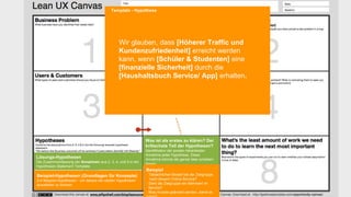 [wnc][wnc]
Lösungs-Hypothesen
Die Zusammenfassung der Annahmen aus 2, 3, 4, und 5 in ein
Hypothesen-Statement Template.
Beispiel-Hypothesen (Grundlagen für Konzepte)
2-4 Beispiel-Hypothesen - um daraus die validen Hypothesen
auswählen zu können.
Was ist als erstes zu klären? Der
kritischste Teil der Hypothesen?
Identifikation der jeweils riskantesten
Annahme jeder Hypothese. Diese
Annahme könnte die ganze Idee scheitern
lassen .
Beispiel
- Tatsächlichen Bedarf bei der Zielgruppe
nach diesem Online-Service?
- Sieht die Zielgruppe ein Mehrwert im
Service?
- Was müsste geändert werden, damit es
Template - Hypothese
Wir glauben, dass [Höherer Traffic und
Kundenzufriedenheit] erreicht werden
kann, wenn [Schüler & Studenten] eine
[finanzielle Sicherheit] durch die
[Haushaltsbuch Service/ App] erhalten.
 