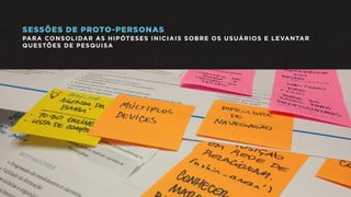 SESSÕES DE PROTO-PERSONAS
PARA CONSOLIDAR AS HIPÓTESES INICIAIS SOBRE OS USUÁRIOS E LEVANTAR
QUESTÕES DE PESQUISA
 