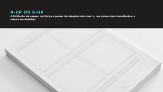 4-UP OU 6-UP
A limitação de espaço nos força a pensar de maneira mais macro, nas coisas mais importantes, e
menos em detalhes
 