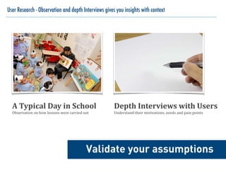 User Research - Observation and depth Interviews gives you insights with context
Validate your assumptions
A	
  Typical	
  Day	
  in	
  School	
  
Observation	
  on	
  how	
  lessons	
  were	
  carried	
  out
Depth	
  Interviews	
  with	
  Users	
  
Understand	
  their	
  motivations,	
  needs	
  and	
  pain	
  points
 