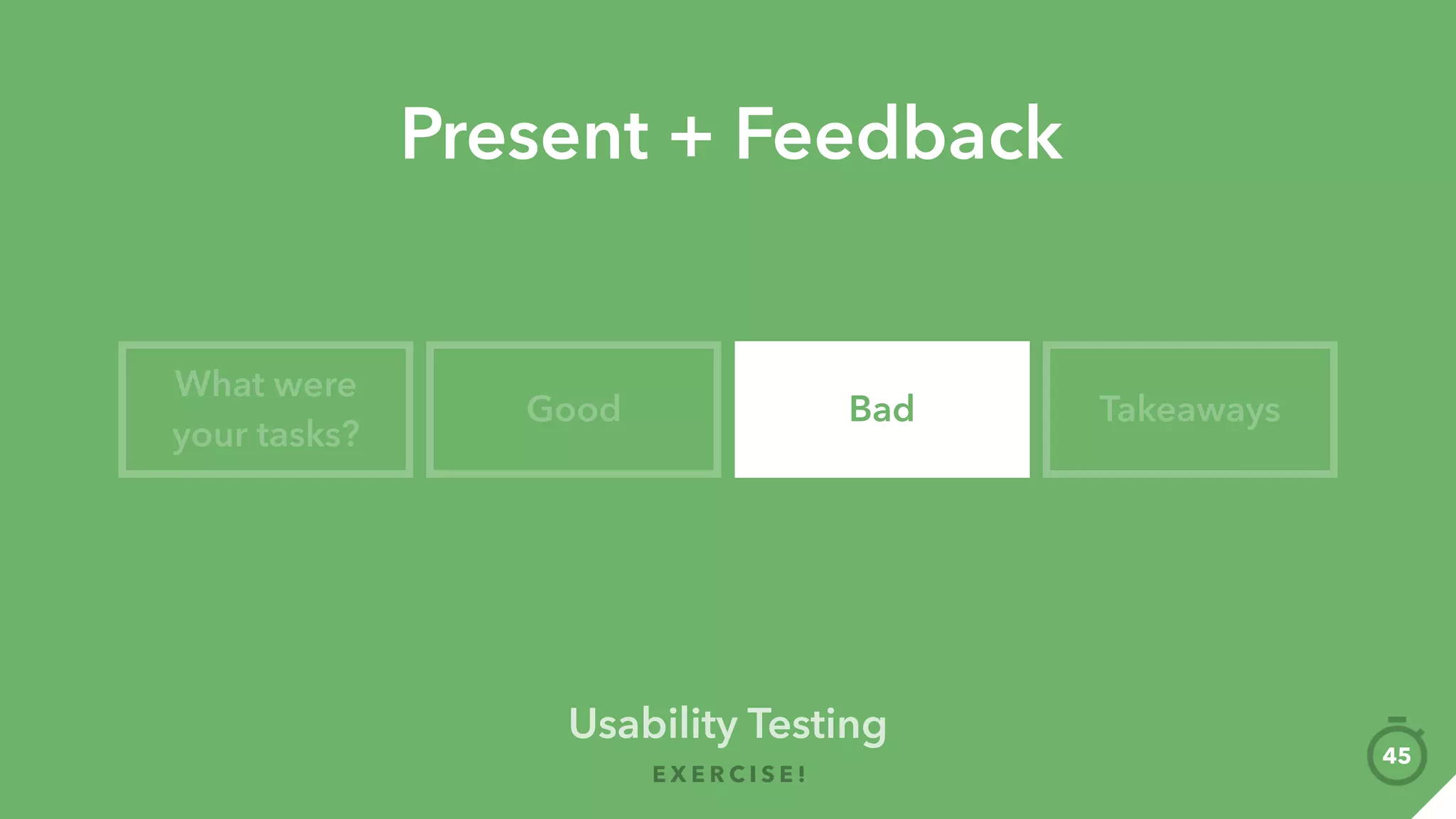 Usability Testing
E X E R C I S E !
45
Individually
prepare your list
of tasks +
questions you
want to test out
Write them down!
01
 